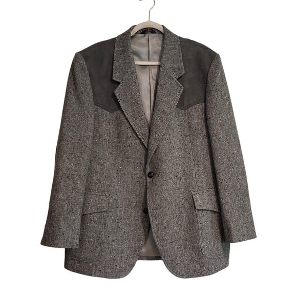 Vintage 70s Pendleton Gray Wool Suede Elbow Patch Western Blazer Jacket Size 46R - Picture 1 of 15